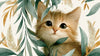 Papier Peint Chat Aquarelle et Feuillage Poétique représentant un élégant félin aux teintes pastel entouré de feuilles délicates peintes à l'aquarelle