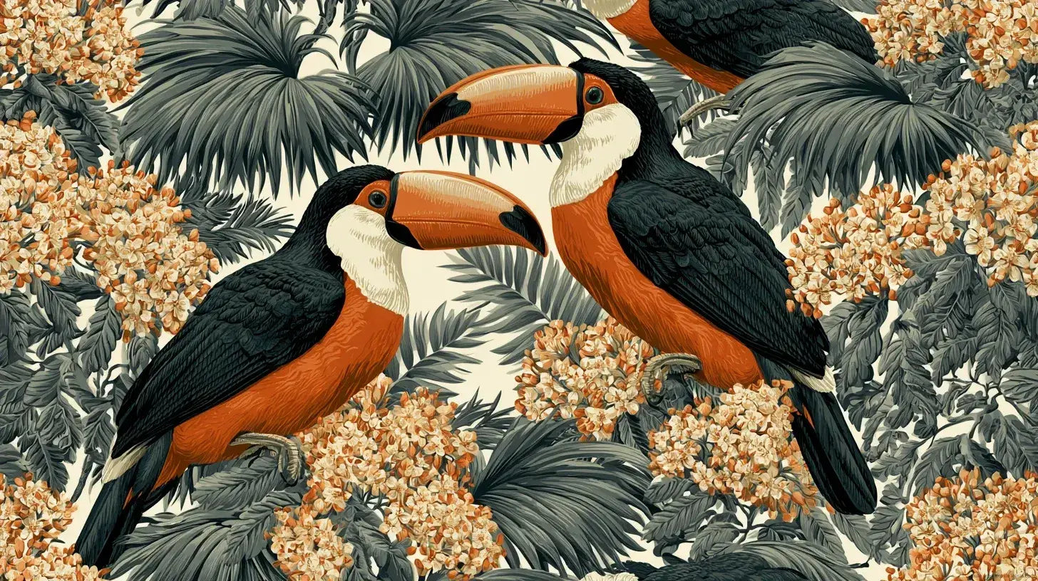 Papier Peint Toucan Feuillage Exotique Orange et Noir représentant un toucan majestueux aux plumes éclatantes perché sur une branche tropicale entourée de grandes feuilles vertes luxuriantes