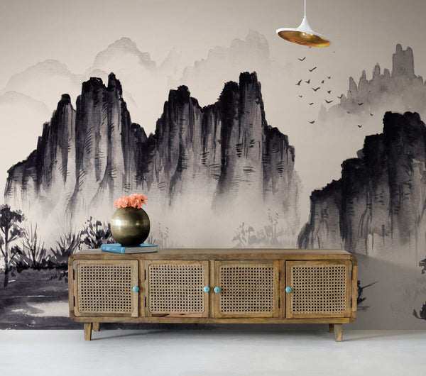 Papier peint Papier peint montagnes abstraites noir et blanc de montagnes évoque