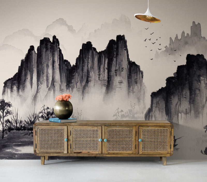 Papier peint Papier peint montagnes abstraites noir et blanc de montagnes évoque