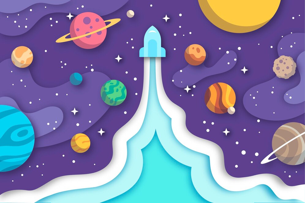 Papier peint enfant fusée et planètes