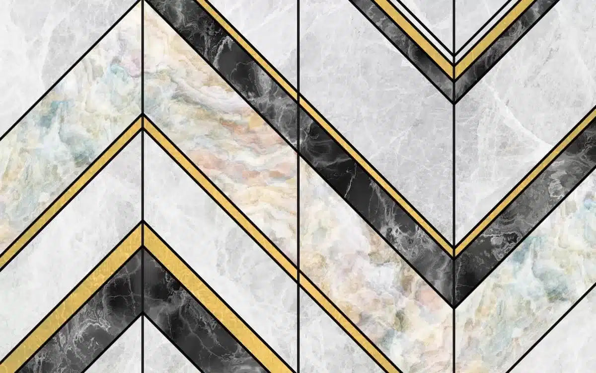 Papier peint marbre gris et lignes noires et dorées