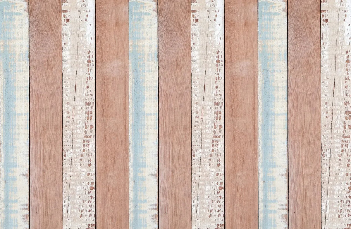 Papier peint planches de bois marron, bleu et blanc