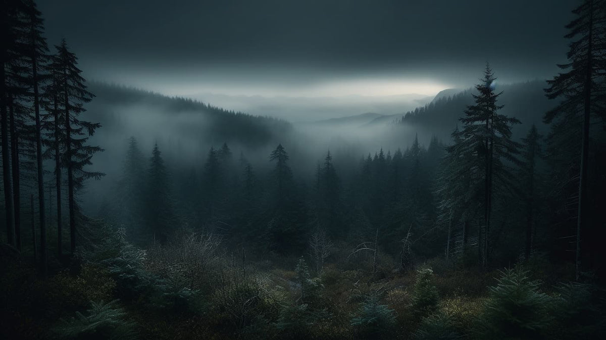 Papier peint paysage panoramique forêt sombre et brume