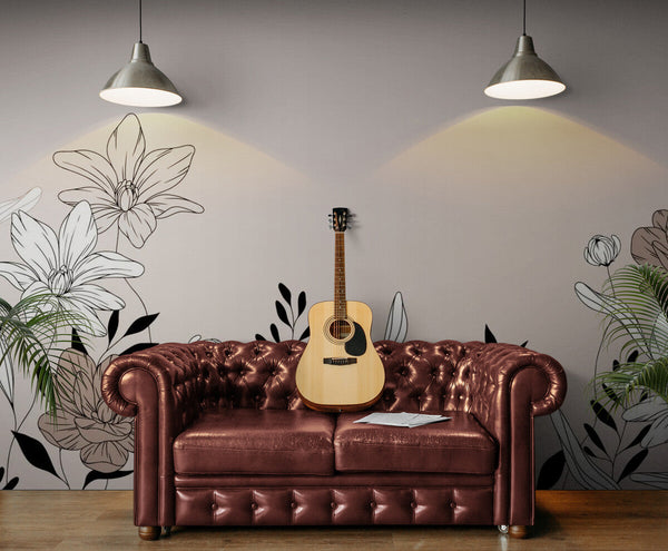 Papier peint Papier peint noir et blanc floral floral délicat, japonais,