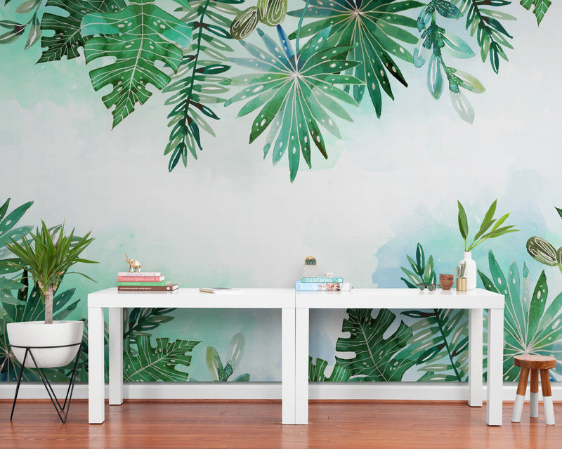 Papier peint Papier peint feuillage tropical vert luxuriant de aquarelle,