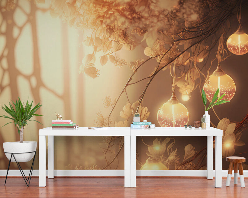 Papier peint Papier peint branches fleuries et lanternes de fleurs bohème