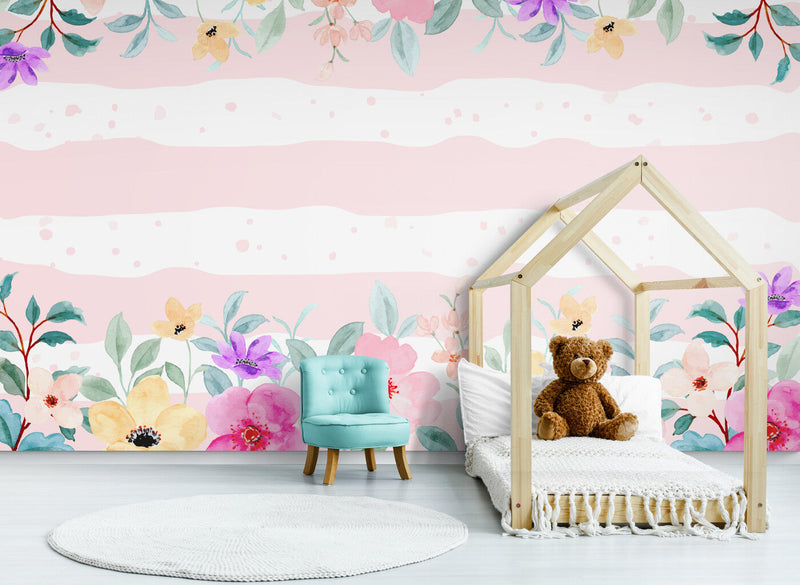 Papier peint Papier peint pastel fleurs et rayures roses floral aquarelle pastel