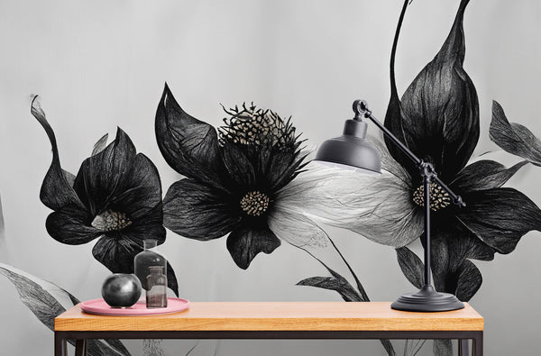Papier peint Papier peint fleurs noires floral graphique japonais.