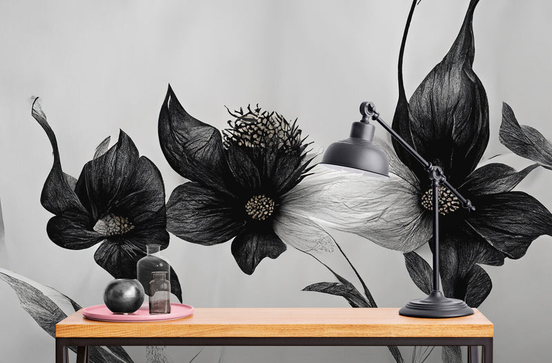 Papier peint Papier peint fleurs noires floral graphique japonais.