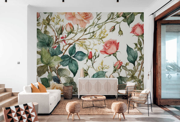 Papier peint Papier peint vintage fleurs roses romantique de floral