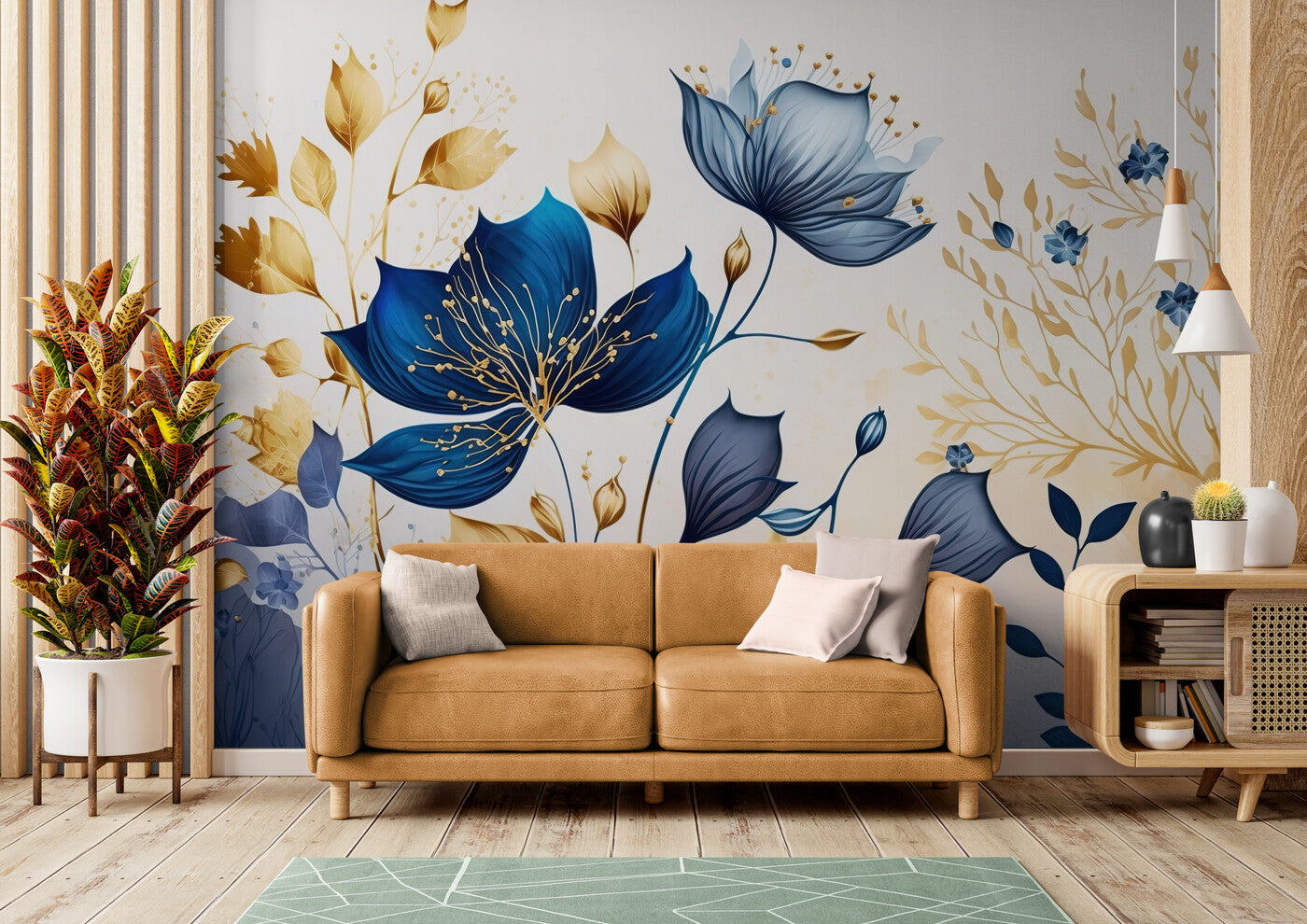 Papier peint Papier peint floral moderne bleu et jaune floral élégant, floral