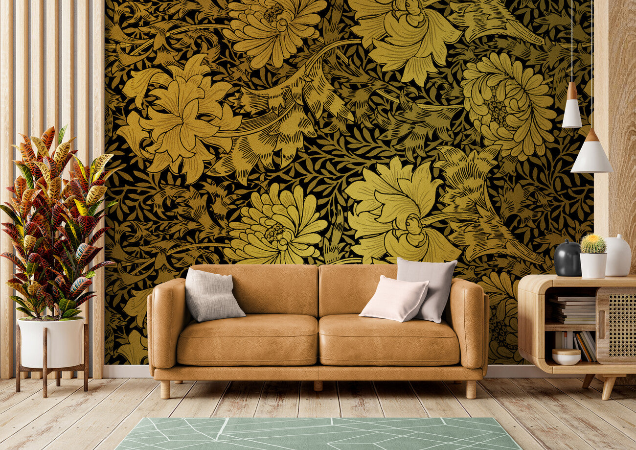 Papier peint Papier peint baroque noir et doré floral opulent, Art
