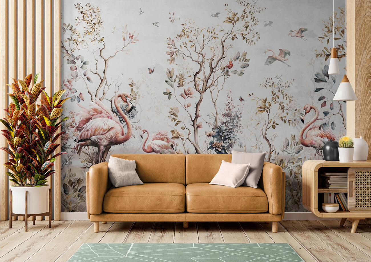 Papier peint Papier peint flamant rose vintage floral et romantique
