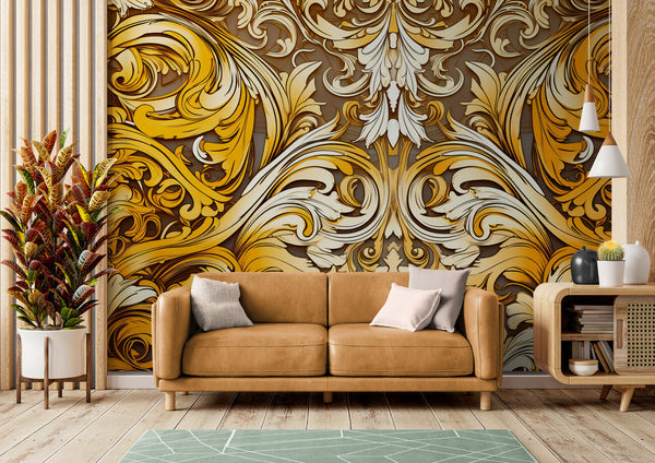 Papier peint Papier peint baroque orange et doré baroque opulent,