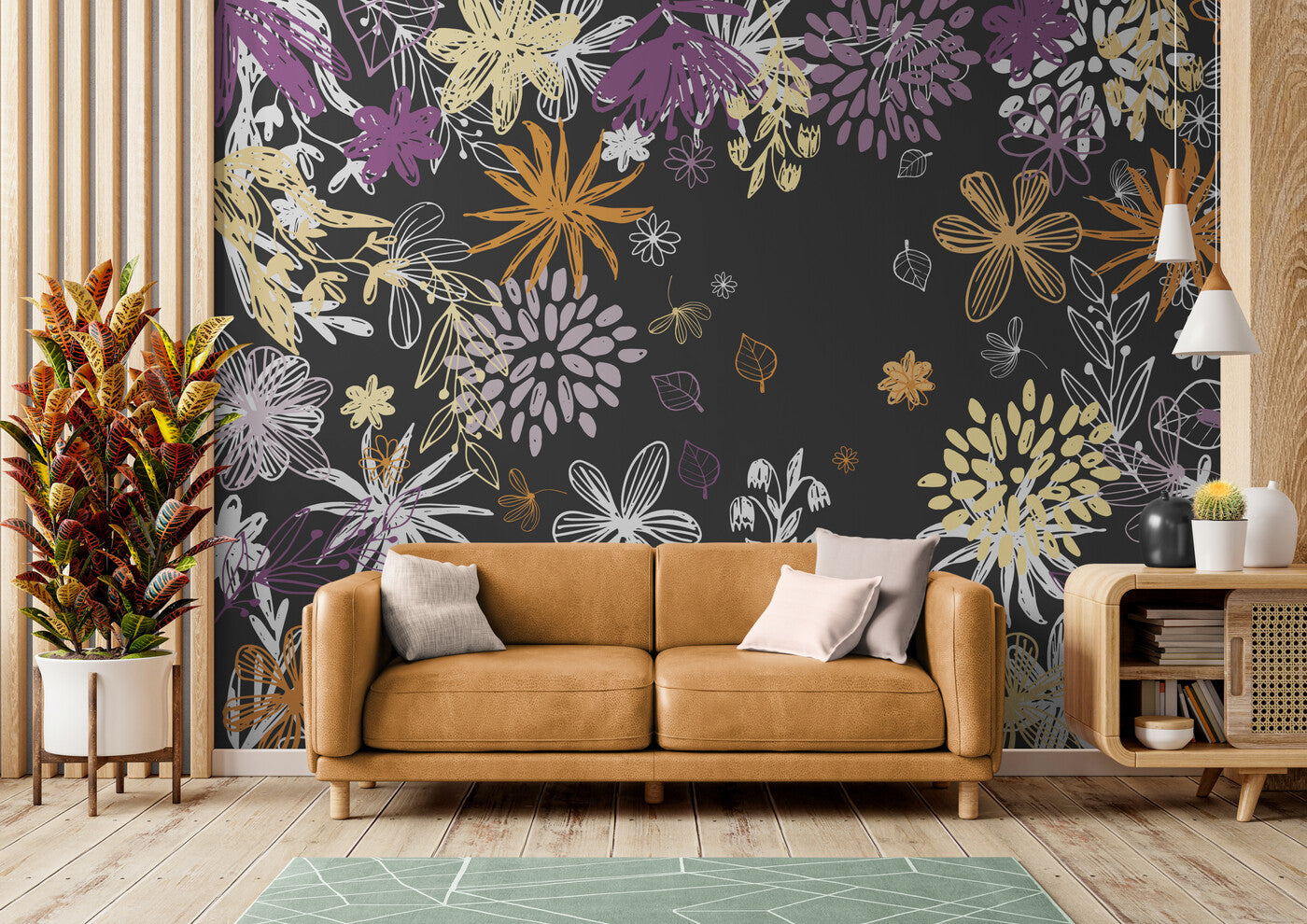 Papier peint Papier peint floral pastel fond noir de fleurs champêtre