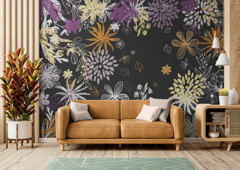 Papier peint Papier peint floral pastel fond noir de fleurs champêtre