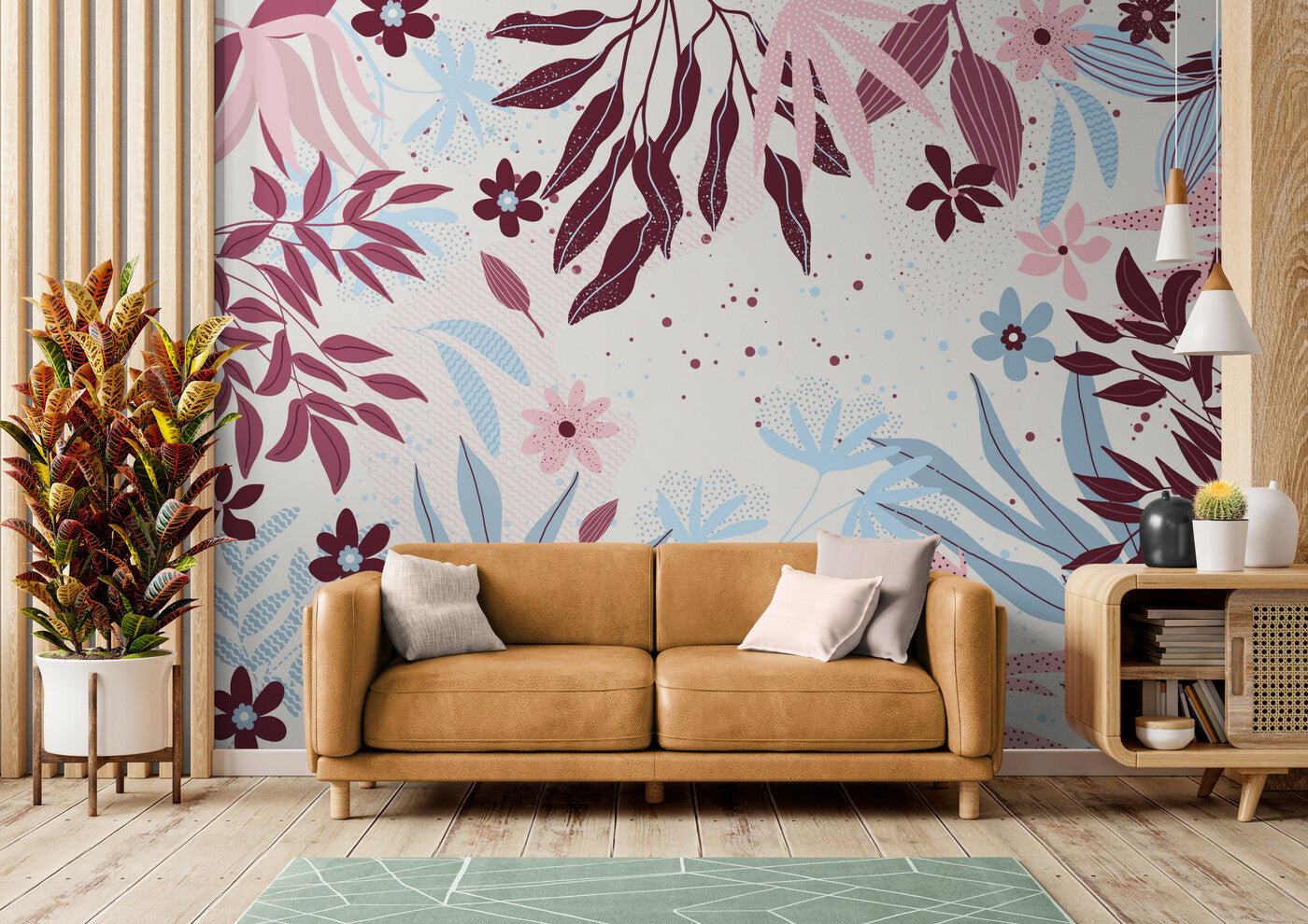 Papier peint Papier peint fleuri bleu et rose stylisé de scandinave,