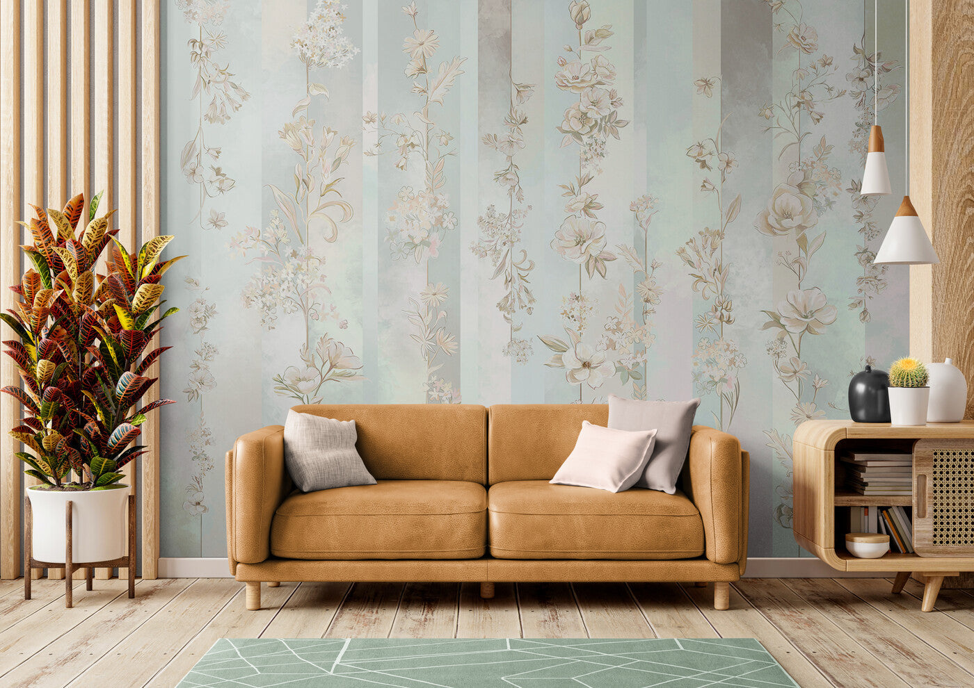 Papier peint Papier peint floral rose, vert et bleu délicat de romantique,