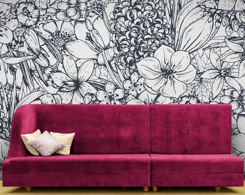 Papier peint Papier peint  fleurs tropicales noir et blanc floral en botanique,