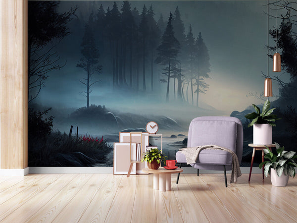 Papier peint Papier peint paysage forêt verte sous la brume invite à mystérieuse.
