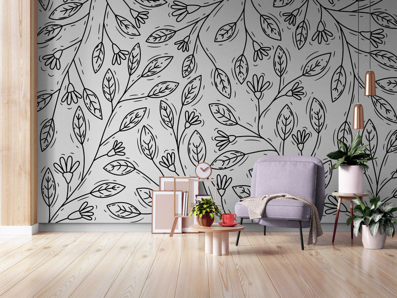 Papier peint Papier peint géométrique feuillage noir et blanc floral noir scandinave,