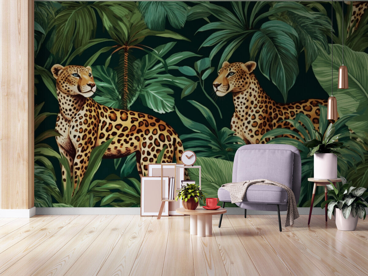 Papier peint Papier peint plantes tropicales et léopards de style jungle