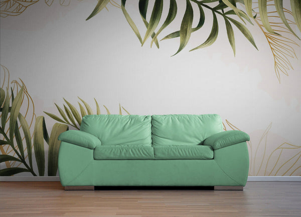 Papier peint Papier peint feuillage tropical fond blanc végétal délicat, évoque