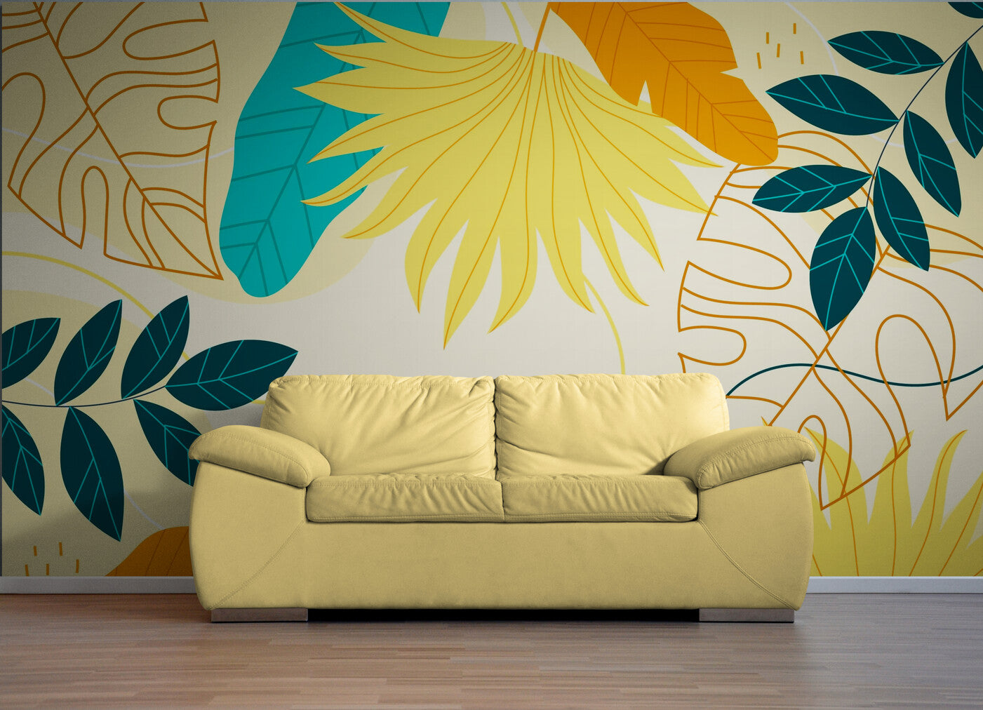 Papier peint Papier peint feuillage tropical bleu, jaune et blanc végétal stylisé, moderne,