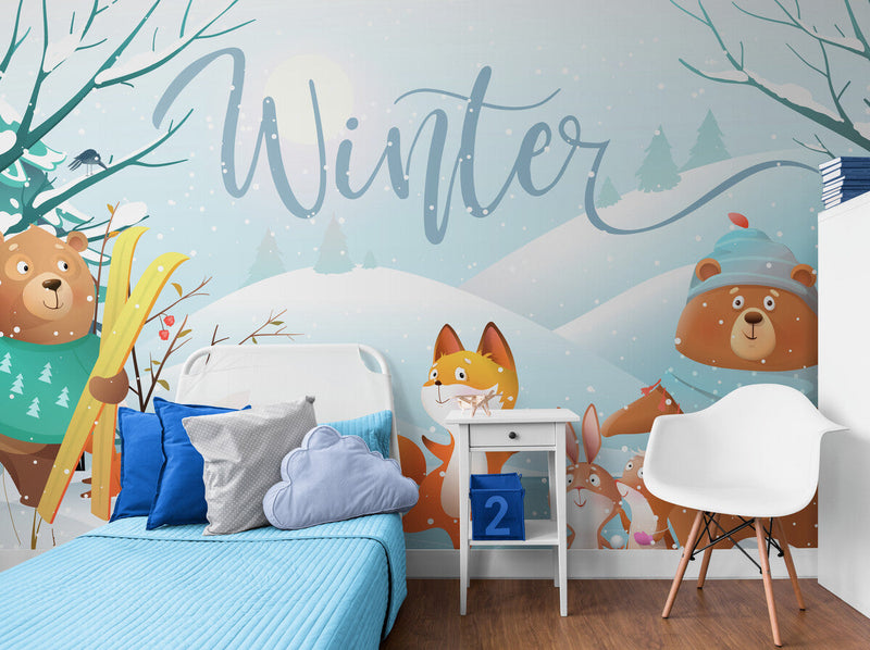 Papier peint Papier peint enfant forêt enneigée et animaux aux formes douces,