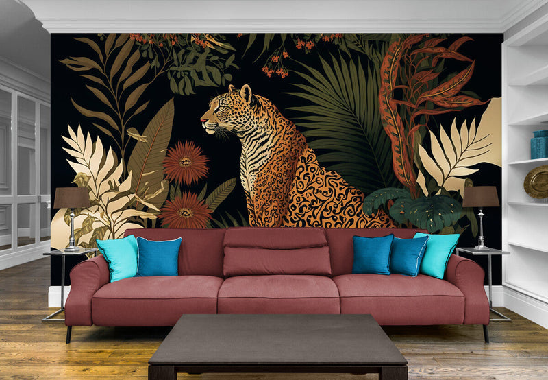 Papier peint Papier peint plantes tropicales et tigre jungle luxuriant évoque