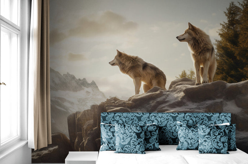 Papier peint Papier peint paysage panoramique montagne et loups évoque une de