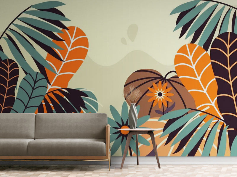 Papier peint Papier peint panoramique jungle tropicale fleurie végétal stylisé chaudes