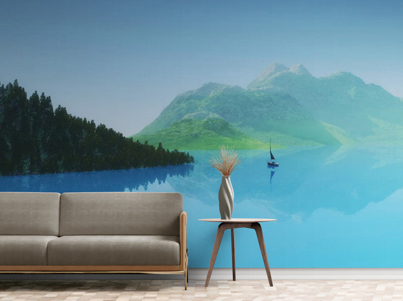 Papier peint Papier peint panoramique lac et montagnes vertes aux couleurs douces