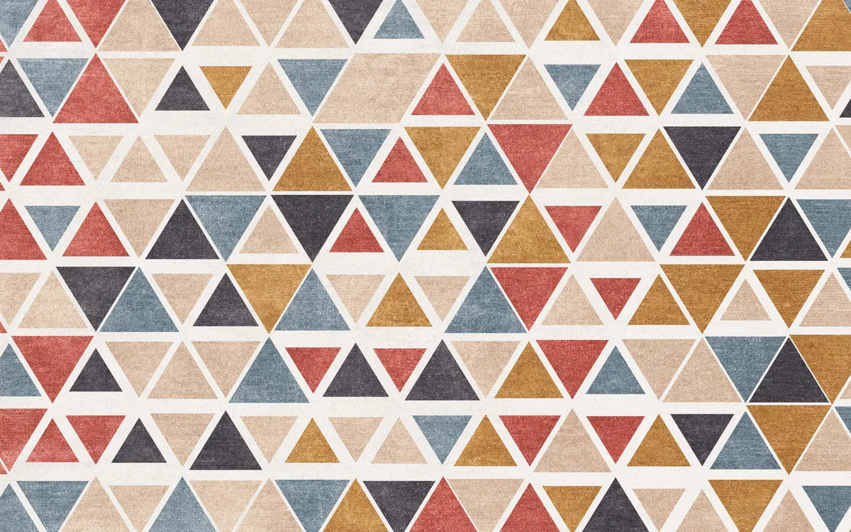 Papier peint motifs géométriques bleu, rouge, jaune et marron