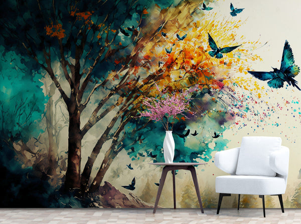 Papier peint Papier peint arbres et papillons offre une vives.