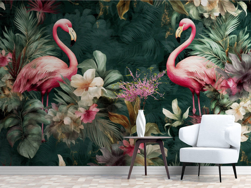 Papier peint Papier peint magniolia et flamants roses tropical luxuriant évoque