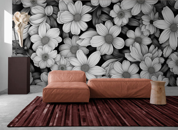 Papier peint Papier peint fleurs noir et blanc moderne floral monochrome, floral