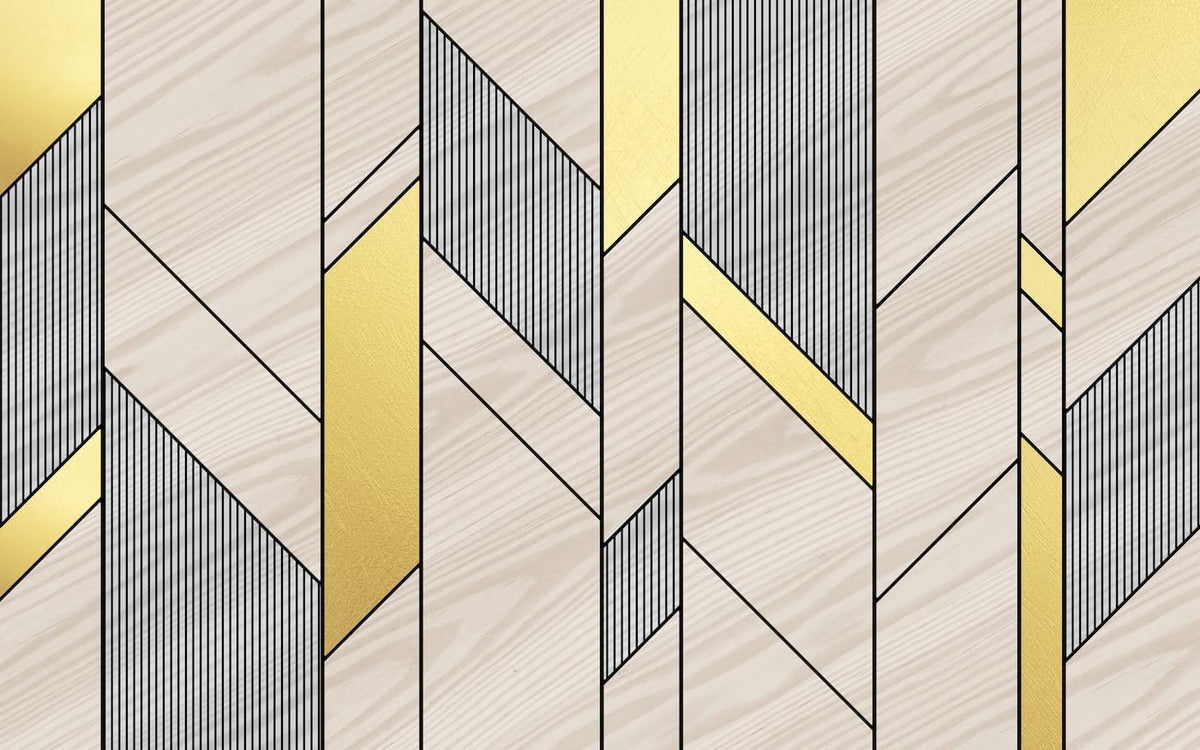 Papier peint lignes géométriques marron, gris, blanc et doré