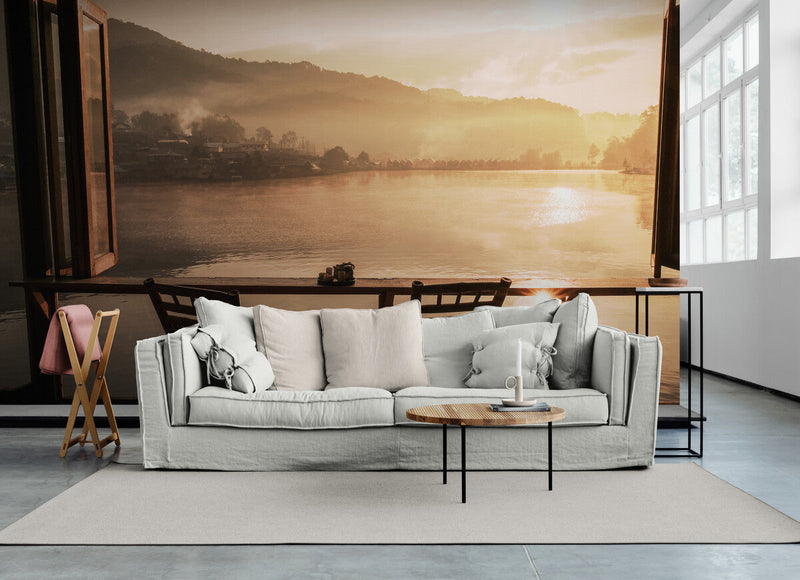 Papier peint Papier peint balcon vue sur lac et montagnes offre une zen