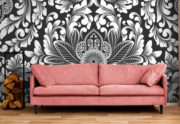 Papier peint Papier peint baroque noir et blanc floral baroque floral