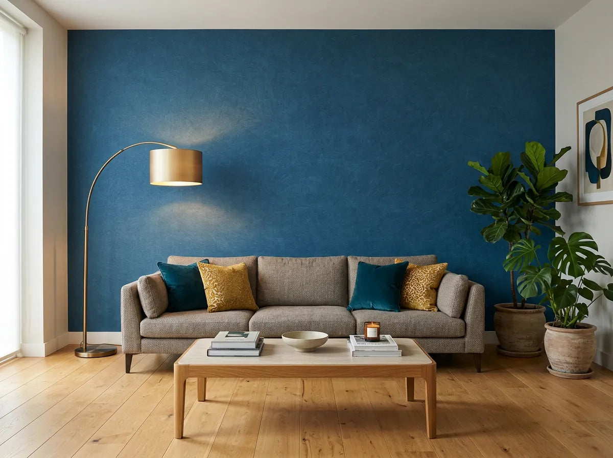 Papier peint bleu canard uni posé dans un salon avec canapé taupe, coussins dorés et lampadaire arc