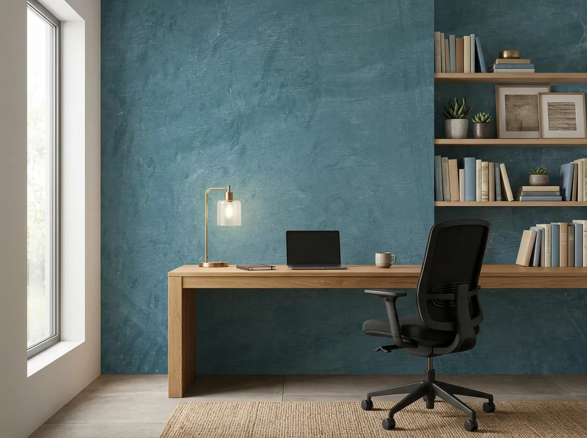 Papier peint bleu canard et gris effet béton posé dans un bureau avec plan de travail en bois