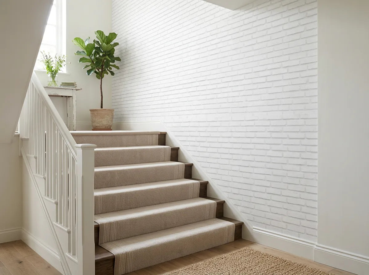 Papier peint brique blanche métro posé dans l'escalier d'une maison avec tapis d'escalier