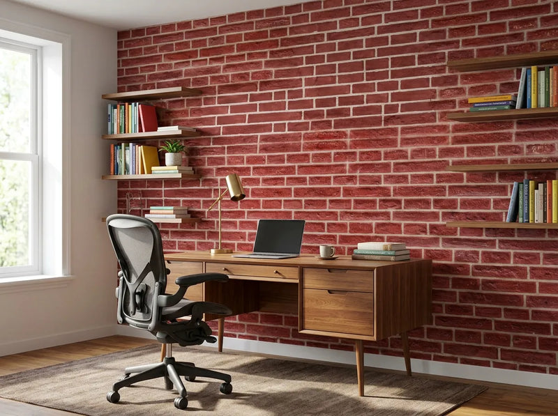 Papier peint brique New York posé dans un bureau avec étagères de livres et fauteuil ergonomique