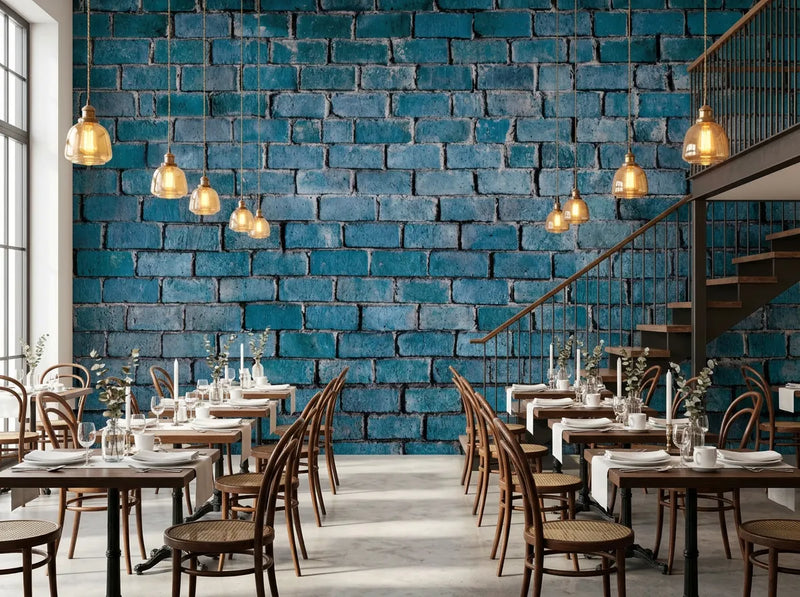 Papier peint briques bleues posé dans un restaurant avec tables dressées et escalier en métal