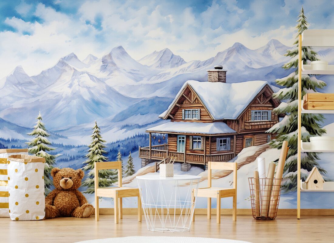 Papier peint Papier peint chalet dans les montagnes aquarelle. Les hivernale
