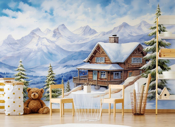 Papier peint Papier peint chalet dans les montagnes aquarelle. Les hivernale