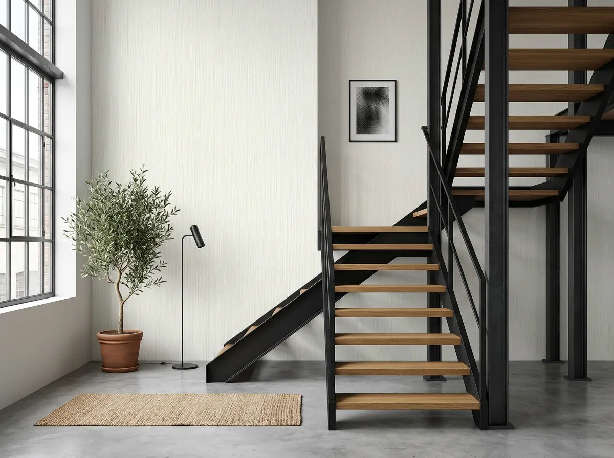 Papier peint clair couloir posé derrière un escalier industriel en acier noir et marches en bois