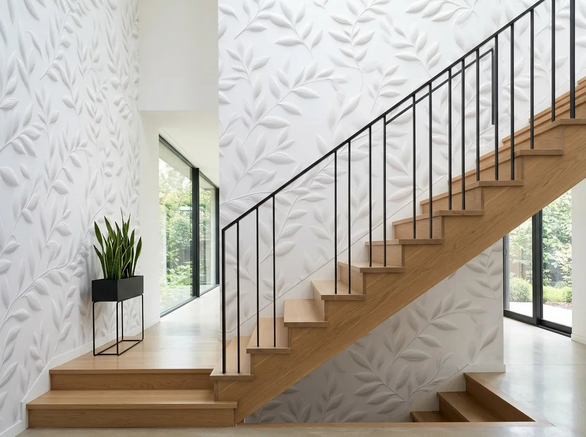 Papier peint couloir blanc à feuillage en relief posé dans une cage d'escalier moderne